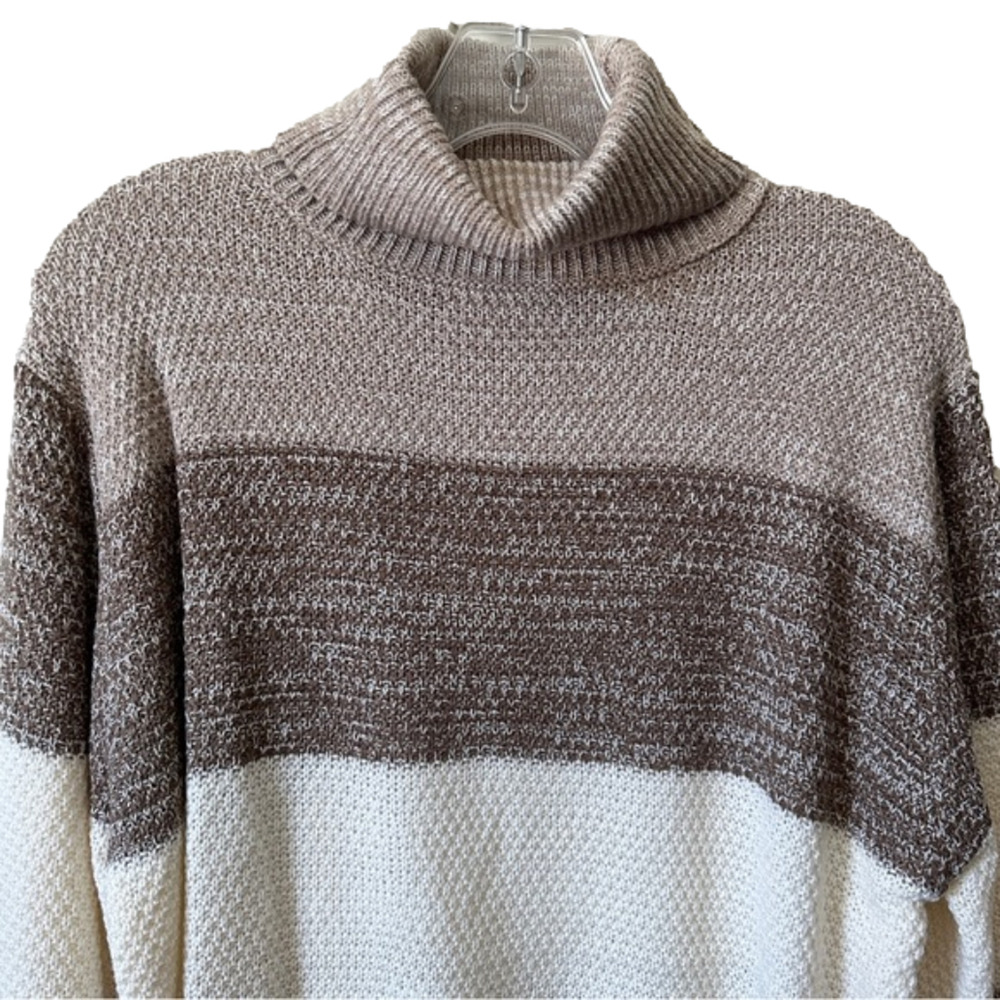 Zenana Sweater Women's XL Color Block Cable Knit Turtle Neck Brown/White - Picture 3 of 5
